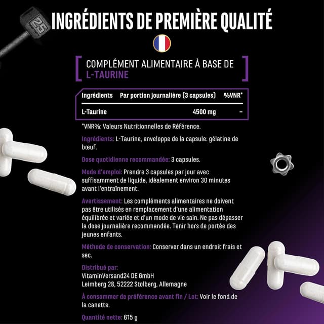 Detalle de GEN German Elite Nutrition L-Taurin Ultra Caps (365 gélules) – 1500 mg de taurine par capsule
