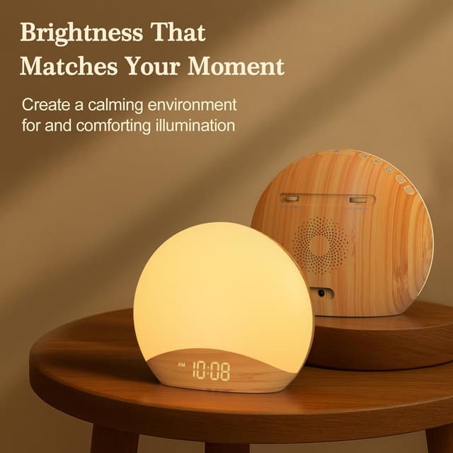 Detalle de REACHER Wood Wake Up Light Alarm Clock with Sunrise Simulation, White Noise & Night Light