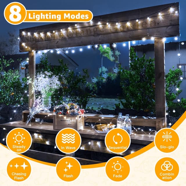 Detalle de Ollny Solar Outdoor Garden Fairy Lights (12m, 100 LED, Cool White crystal ball) – IP65/IP44 globe string lights
