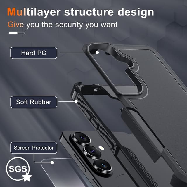 Detalle de Samsung Galaxy S26 dual-layer rugged case with screen protector and camera lens cover (black matte) with wrist lanyard