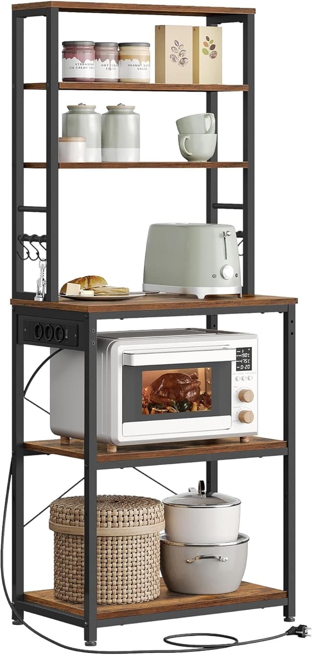 Detalle de VASAGLE KKS124K01 scaffale da cucina con ciabatta e supporto microonde, 6 ripiani e 6 ganci