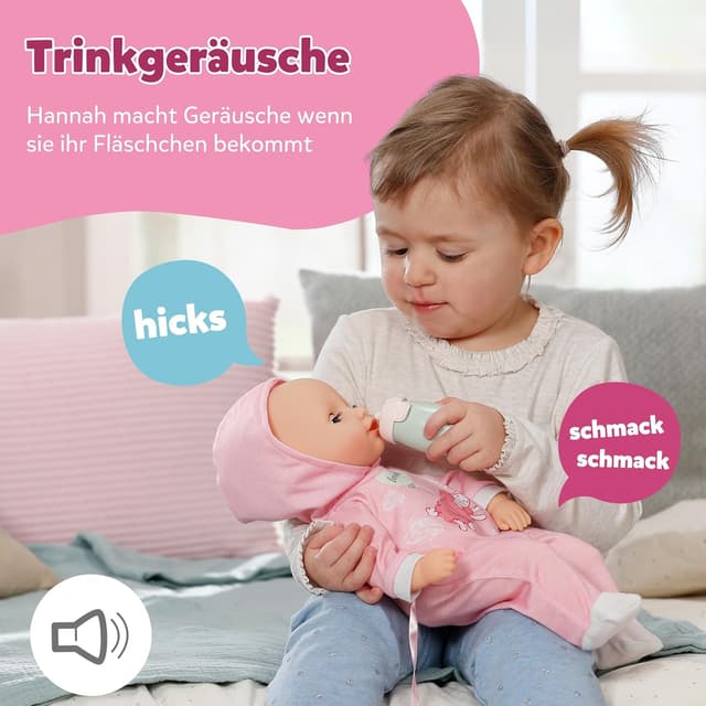 Detalle de BABY born Hannah Spiel mit Mir – Babypuppe mit 5 Funktionen, weicher Stoffkörper und Zubehör, 36 cm