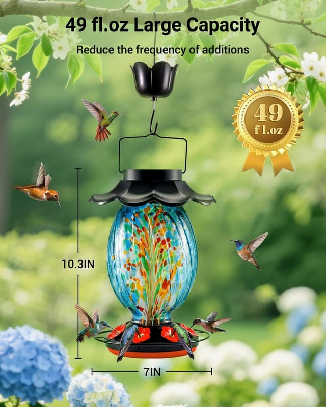 Detalle 2 de HouseSapp Solar Hummingbird Feeder (49 fl. oz) — Color-Changing Hand-Blown Glass, 7 Feeding Ports, Never Leak
