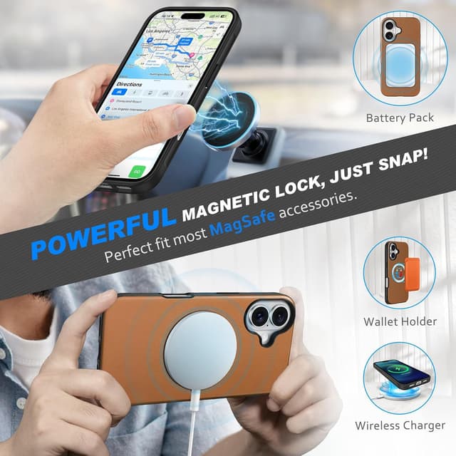 Detalle de SHIELDON Hülle für iPhone 16 Plus (6,7") – 2-in-1 Echtleder-Case mit abnehmbarer Magnet-Schale, RFID-Blocker und Kartenfach, Sattelbraun