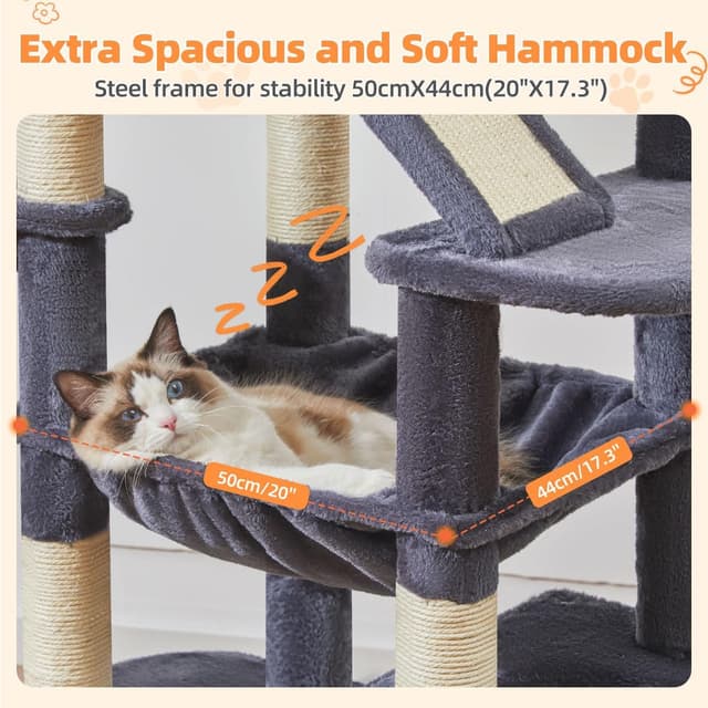 Detalle de Taoqimiao 180cm Cat Tree (MS026LG) with 8 Sisal Scratching Posts, Hammock & 2 Top Perches