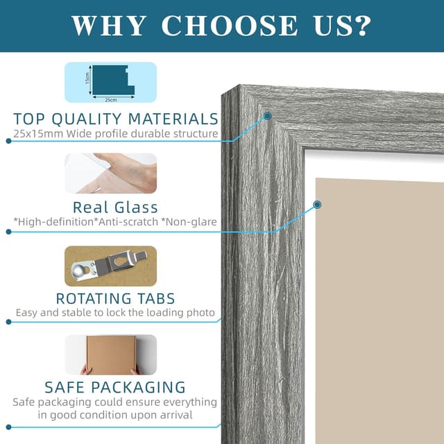 Detalle 1 de Hongkee 8x10 Picture Frame Set of 2 (Grey Rustic Style) — 5x7 with Mat / 8x10 Without Mat, for Wall or Tabletop