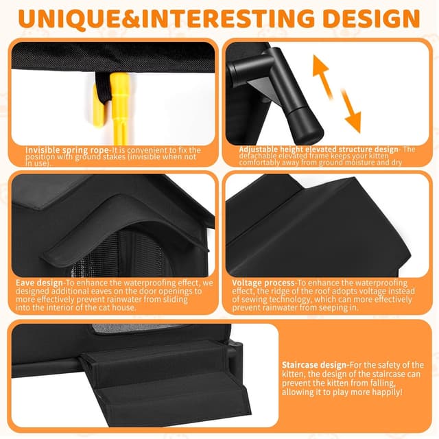 Detalle 1 de Large Outdoor Elevated Double-roof Waterproof Cat House with Stairs, Winter & Summer Weatherproof Warm Shelter (Black)