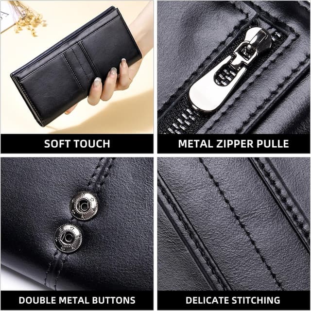 Detalle de SCHLATUM Slim Wallets for Women RFID Blocking leather bifold with coin pocket & ID window, Black