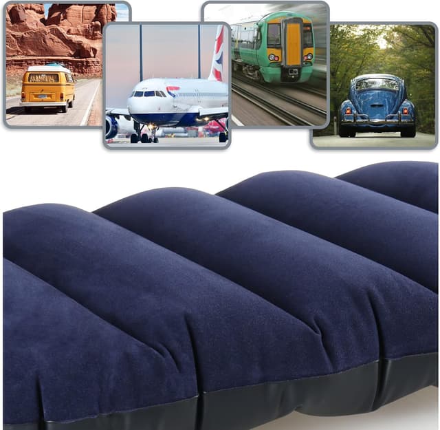 Detalle de com-four 2X aufblasbares Reisekissen (43 x 28 x 9 cm) für Auto, Zug, Bus & Camping – blau