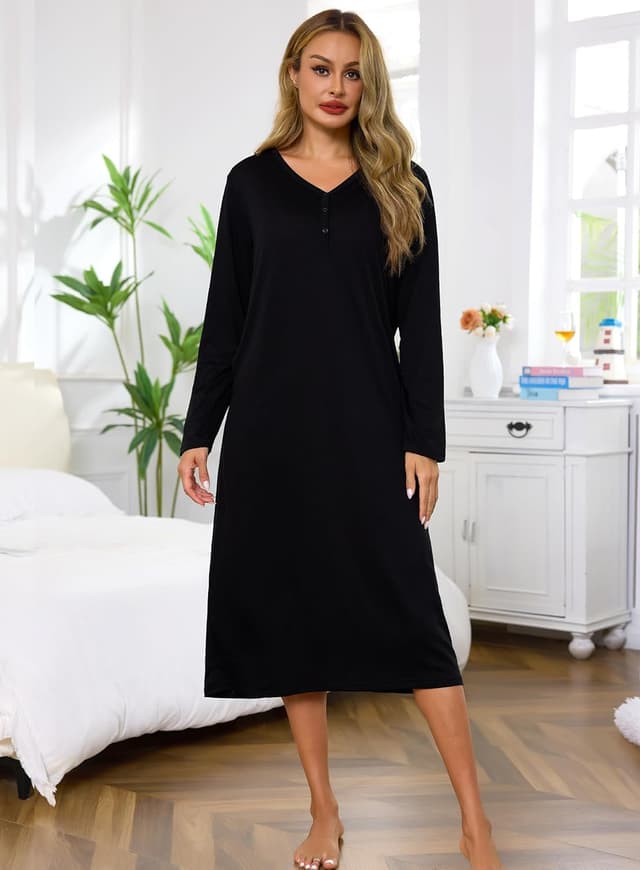 Detalle de Lovasy long-sleeve cotton nightdress for women with pockets – long nightshirt nightwear