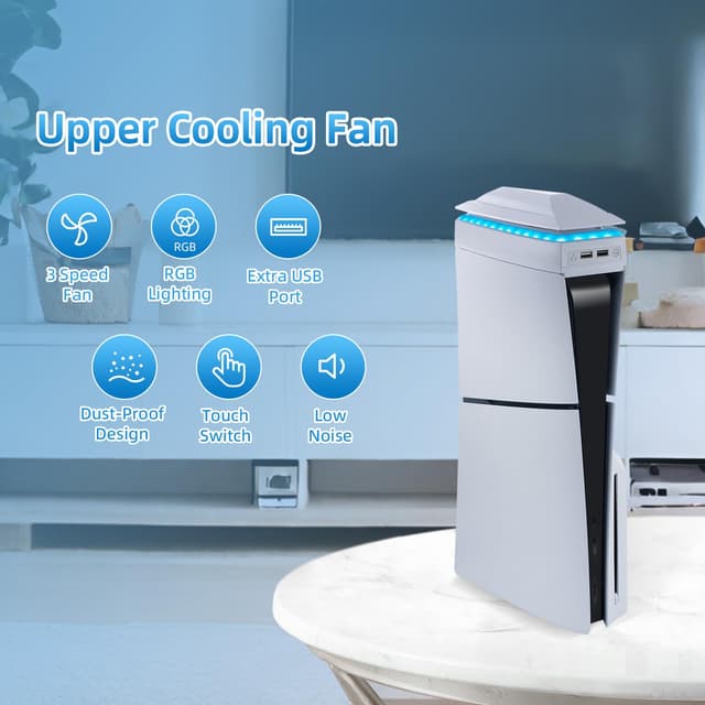 Detalle de Mcbazel Kühler für PS5 Slim (Disk/Digital) mit 3-stufiger RGB-Beleuchtung, oberem Kühlventilator und 2× USB 2.0 – Weiß