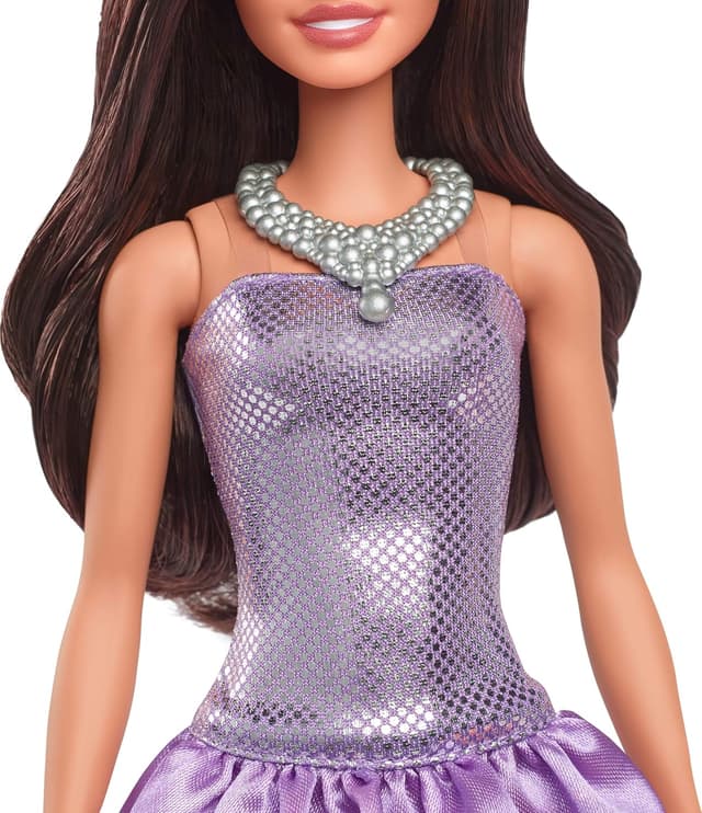 Detalle de Barbie Fashionistas Doll #234 (HYT92) with Brown Hair in Purple Sequined Bubble Dress