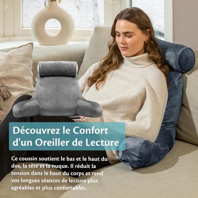 Detalle 2 de Ella Coussin de lecture avec rouleau de cou et accoudoirs en velours gris (53x60x40 cm)