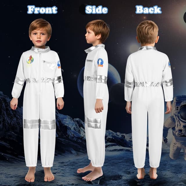 Detalle de Aomig Astronaut Kostüm Kinder (3-teilig) in Weiß/Silber – Astronautenoverall mit Helm & Handschuhen, unisex für S–XL