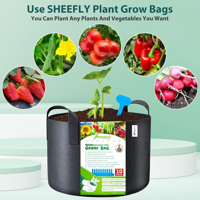 Detalle 2 de SHEEFLY 10 Pack 5 Gallon Grow Bags (Non-woven Fabric) with Reinforced Handles and 10 Plant Labels