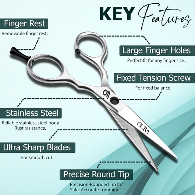 Detalle de OCBA Professional Beard Scissors (Classic Silver) – stainless steel moustache, ear and nose hair trimming