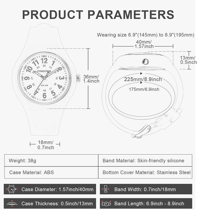 Detalle de PINDOWS Analoge Quarzarmbanduhr mit Silikonband für Damen – leuchtendes Zifferblatt, wasserfest bis 50 m