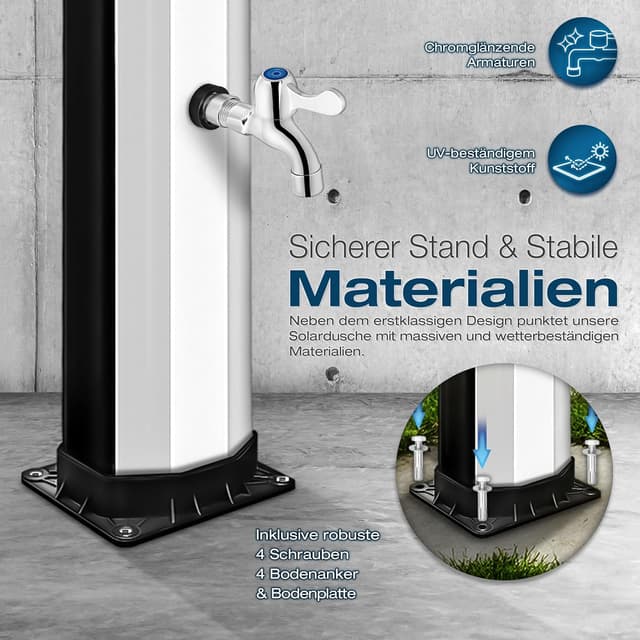 Detalle de tillvex Solardusche 60 Liter inkl. Abdeckung – Warmwasser ohne Strom, mit Wasserhahn & Gartenschlauch-Anschluss