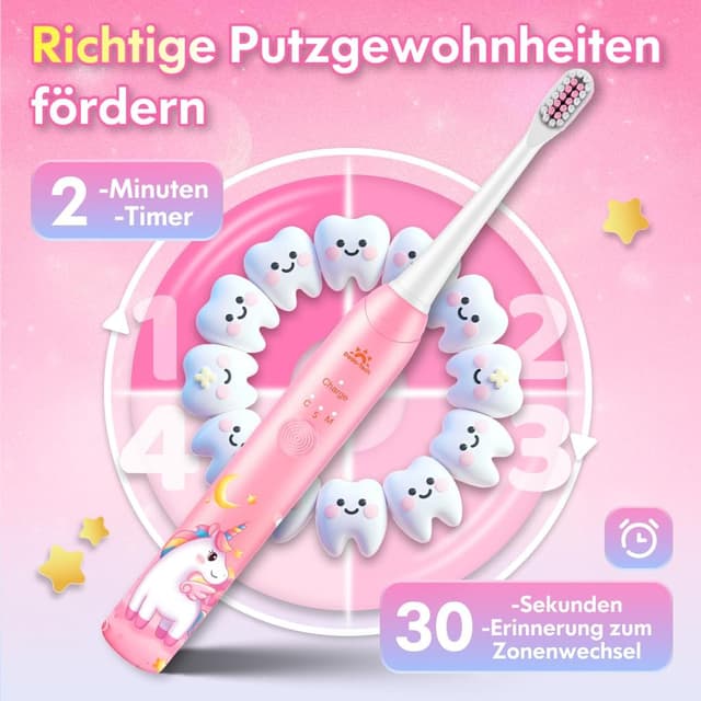 Detalle de Kinder-Schallzahnbürste für 3–12 Jahre: elektrische Zahnbürste Einhorn Neu Rosa mit Timer & 3 Modi