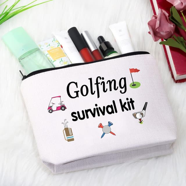 Detalle 2 de Golfing Survival Kit Makeup Bag – Golf humour gift accessory, beige canvas zipper pouch