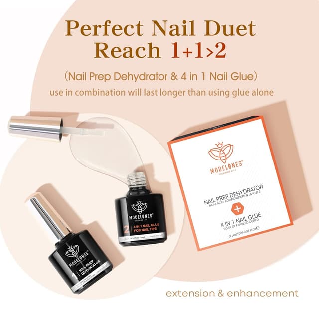 Detalle 2 de modelones Nagelkleber 6-in-1 Nail Glue Gel & Primer für Gelnägel (2 x 10 ml) – UV/LED für Nail Tips, Press-on & mehr