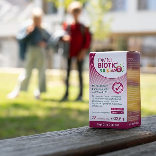 Detalle 2 de OMNi BiOTiC SR-9 Kids Direkt-Sticks (28 Stück) mit Pfirsich-Geschmack – vegan, glutenfrei, laktosefrei
