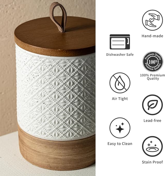 Detalle de Miamolo Large Ceramic Coffee Canister with Airtight Wooden Lid (28 fl. oz), Stackable White Storage Jars