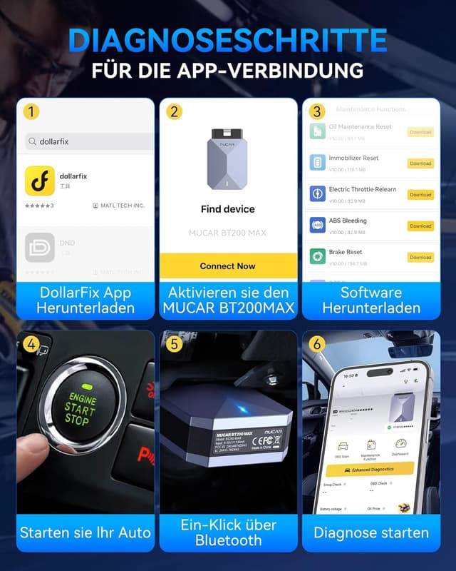 Detalle de MUCAR BT200 MAX OBD2 Bluetooth Adapter mit KI-Hilfsfunktion, Diagnose & Reset (ELM327-Unterstützung, iOS/Android)