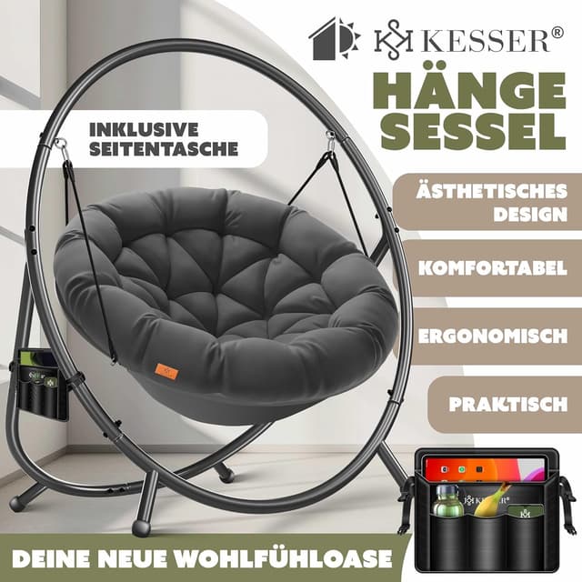 Detalle 2 de KESSER® Hängesessel mit Gestell Bali – Hängeschaukel/Hängestuhl bis 150 kg inkl. Kissen & Seitentasche