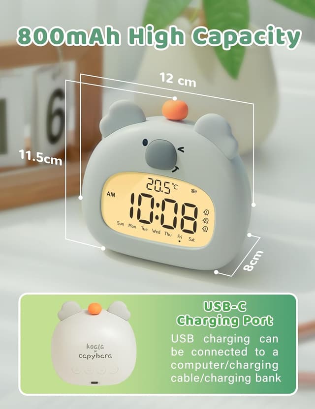 Detalle de IHALO Koala Réveil enfant de chevet avec veilleuse LED, affichage numérique et 3 alarmes