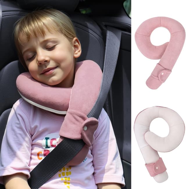 Detalle de WENRENER Kids Travel Neck Pillow (Pink & Beige) – size-adjustable travel support for head, neck and chin