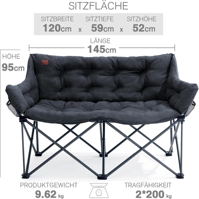 Detalle de EVER ADVANCED faltbarer Campingstuhl 145 cm breit für 2 Personen (Faltsofa mit hoher Rückenlehne)