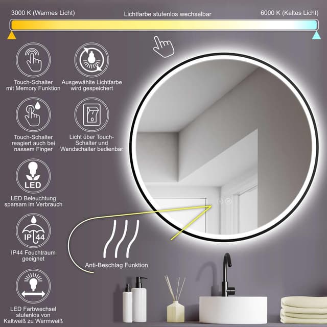 Detalle 2 de HOKO Specchio da Parete Rotondo 80 cm con LED, antiappannamento e comando touch