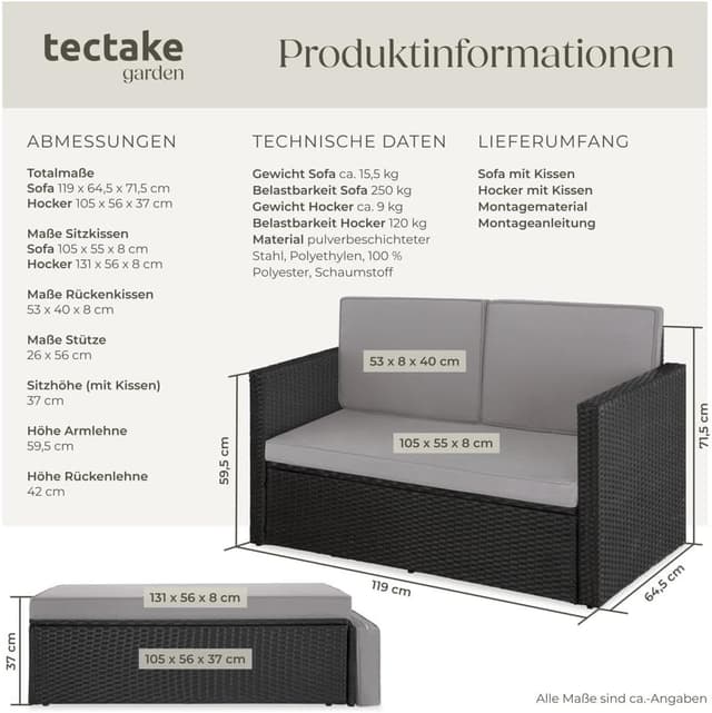 Detalle de tectake® Sofa Set mit Schlaffunktion: 2-Sitzer Sessel + Hocker für Outdoor, klappbar, schwarz