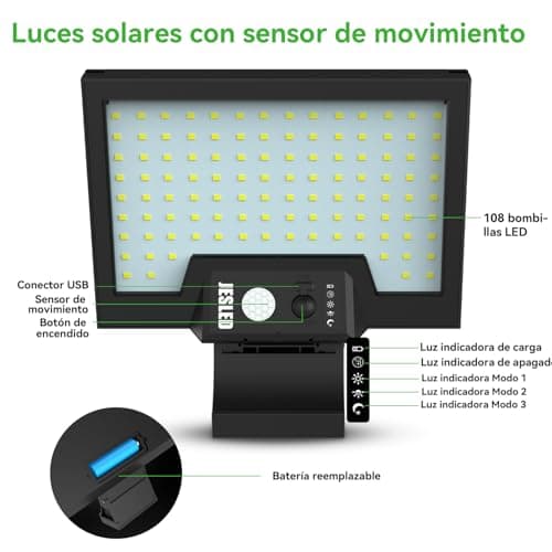 Detalle 2 de JESLED Luz Solar Exterior con Sensor de Movimiento y 108 LEDs (giratoria, 4 modos, IP65)