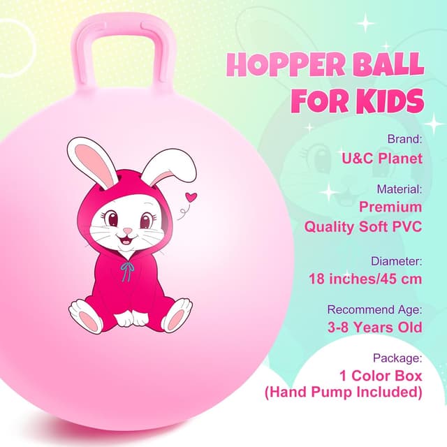 Detalle de U&C Planet 18 Inch Space Hopper Jumping Ball with Handle (with Pump) for Kids 3–8
