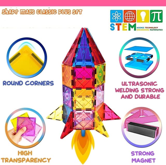 Detalle 2 de 100PCS Magnetic Tiles Set 3D Rainbow Castle, 2 Cars 🧩