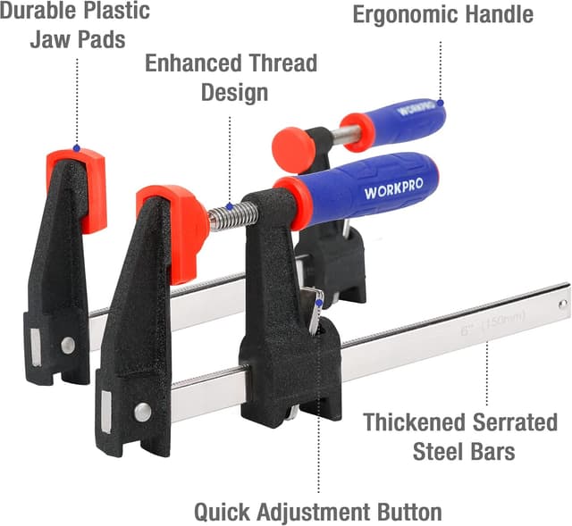 Detalle 2 de WORKPRO Morsetto da falegname a sgancio rapido, 2 pezzi, serraggio fino a 300 mm e forza massima 272 kg