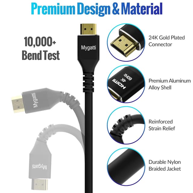 Detalle de Mygatti 4K Ultra HD HDMI 2.0 Kabel-Set (10 Stück) 1,5 m mit Winkel-Adaptern für Laptop, Monitor, HDTV, PS5, Xbox
