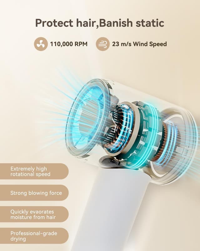 Detalle de HEXTEK Ionic Hair Dryer (160,000 RPM) – 500 Million Negative Ions, Lightweight Travel Hairdryer