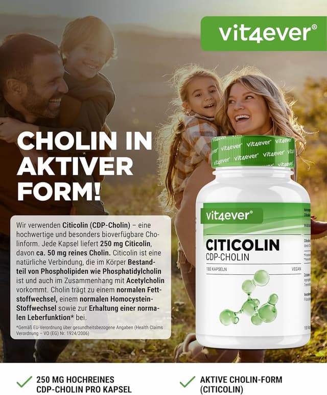 Detalle 2 de vit4ever CDP-Cholin (Citicolin) 250 mg – 180 Kapseln, vegan
