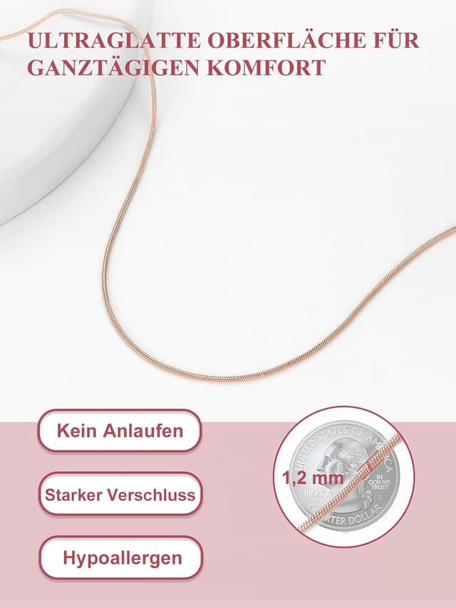 Detalle de FOCALOOK Damen-Schlangenkette aus Edelstahl 316L, 1,2 mm – ohne Anhänger, 45–75 cm