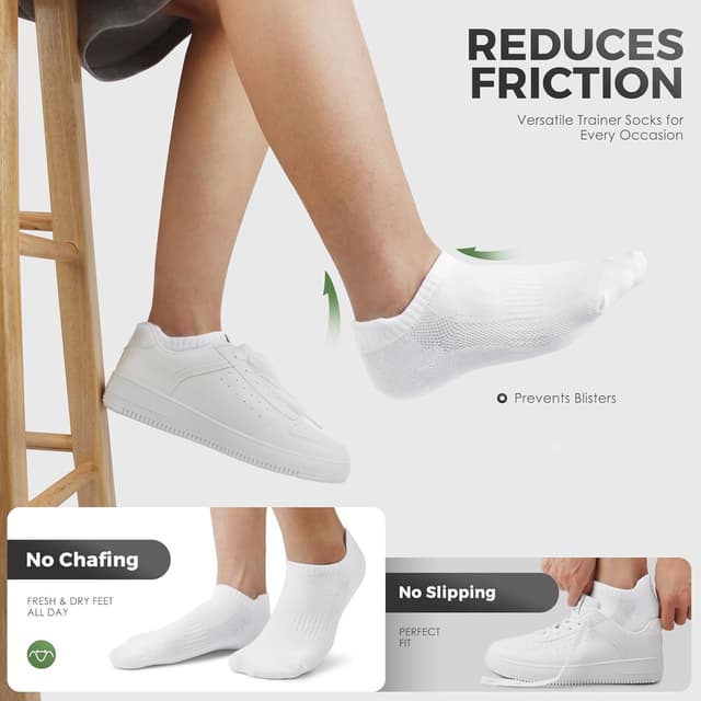 Detalle de FALARY 10 Pairs Trainer Socks (White & Black) – Breathable Cotton Ankle Socks for Running, Sports & Everyday Wear