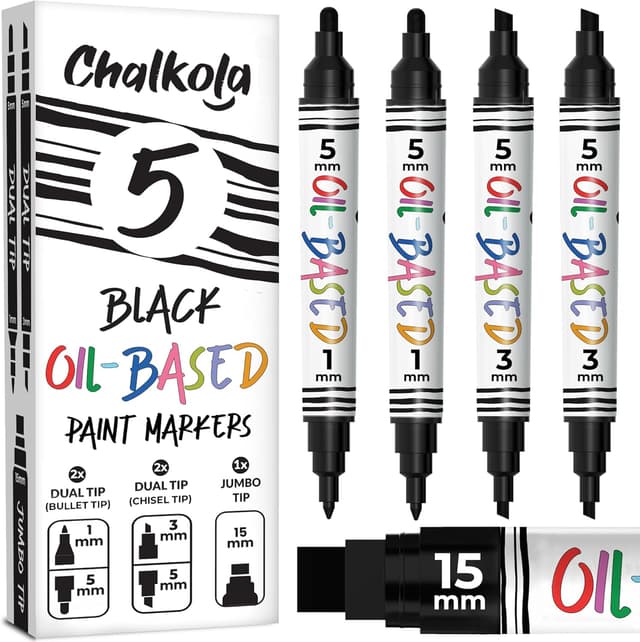 Detalle de Chalkola 5 Oil Black Paint Pen (4 Dual Tip, 15mm Jumbo) – waterproof permanent oil paint markers