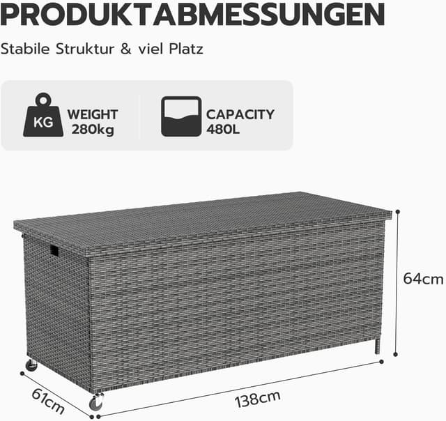 Detalle 2 de Amopatio 480L Gartenbox Auflagenbox wasserdicht mit Polyrattan, Rollen & Gasdruckfedern – grau