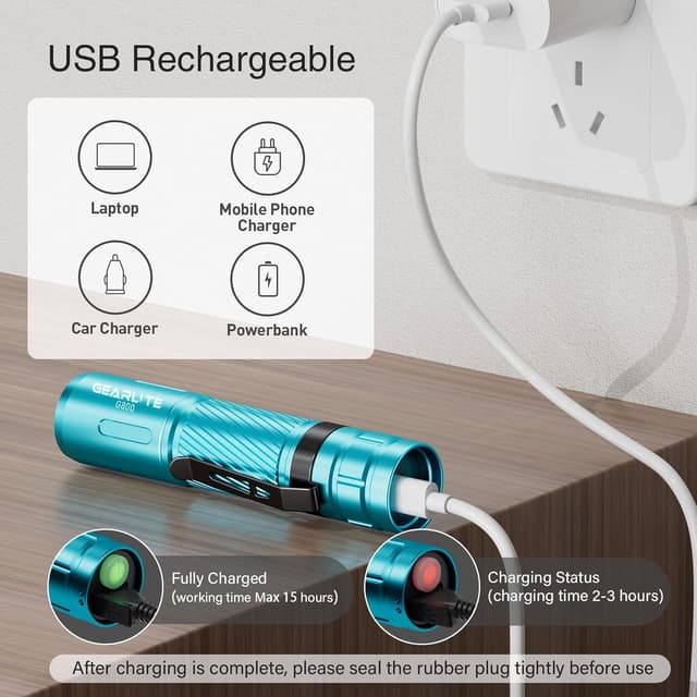 Detalle de GEARLITE G800 Mini LED-Taschenlampe (aufladbar) mit Zoom, 3 Modi und IP65