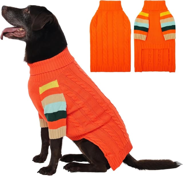 Detalle de OUOBOB Winter Warm Knitted Dog Jumper (Turtleneck) with Ribbed Cuffs – Orange Striped Front Leg Design – 2XL