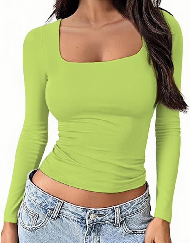 Detalle de OYIGELZ women’s long sleeve square neck crop top in cotton-stretch