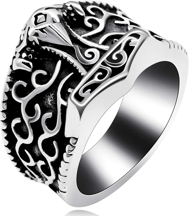 Detalle de Uloveido Herren Edelstahl Ring „Gothic Ancient Cloud Hammer“ (316L), schwarz – verfügbare Größen 59 bis 69