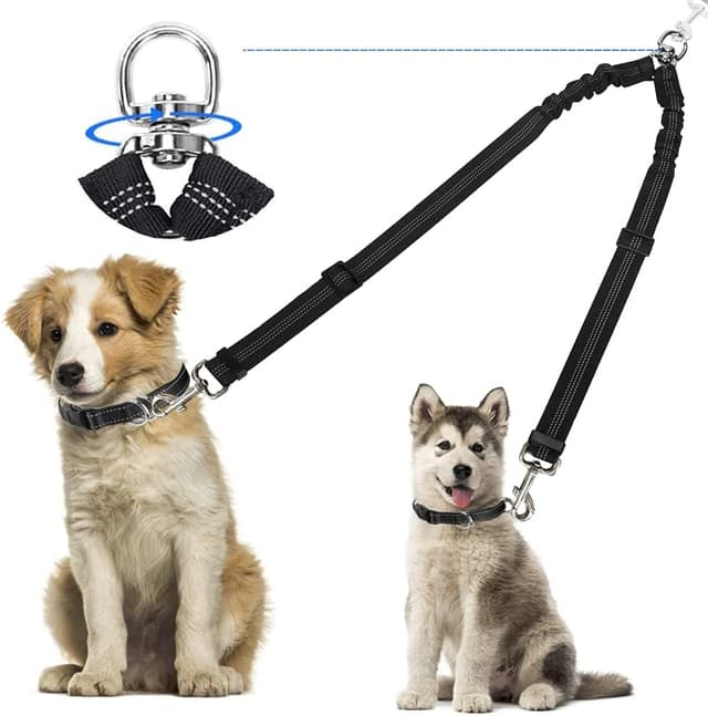 Detalle de Kelivi Double Dog Lead Coupler (No Tangle 360° swivel) – heavy-duty adjustable bungee double leash for two dogs